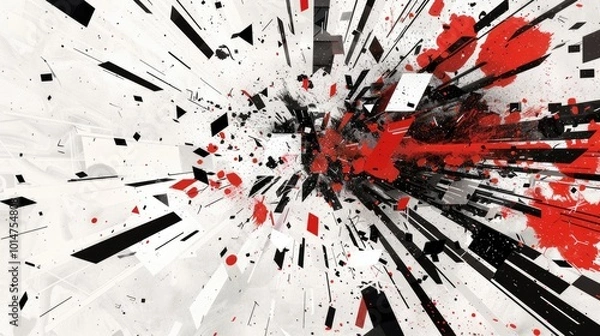 Fototapeta a bauhaus illustration in white, black and red of an explosion of content, the content is made by single letters, words and whole sentences flying in all directions