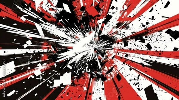Fototapeta a bauhaus illustration in white, black and red of an explosion of content, the content is made by single letters, words and whole sentences flying in all directions