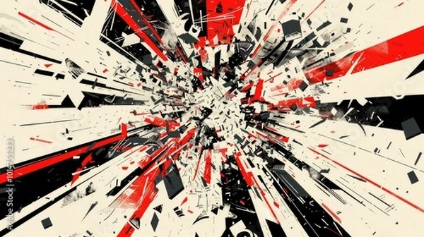 Fototapeta a bauhaus illustration in white, black and red of an explosion of content, the content is made by single letters, words and whole sentences flying in all directions