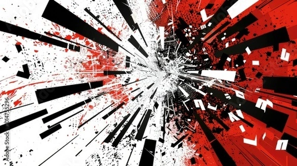 Fototapeta a bauhaus illustration in white, black and red of an explosion of content, the content is made by single letters, words and whole sentences flying in all directions
