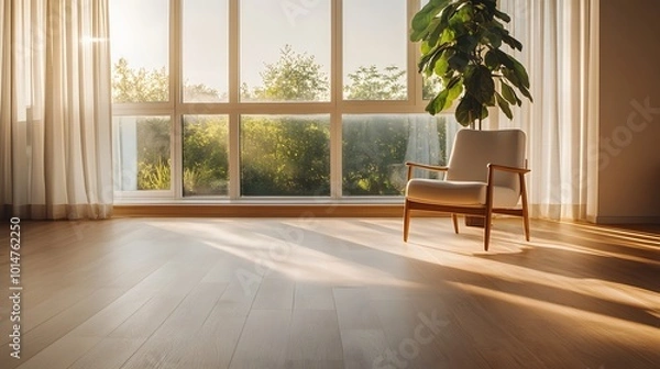 Fototapeta A single white armchair sits by a large window with sheer curtains, bathed in the warm glow of the sun.