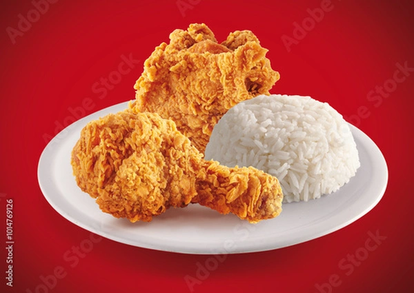 Fototapeta crispy fried chicken in a red background with rice