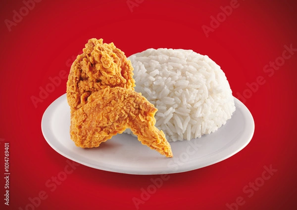 Fototapeta crispy fried chicken in a red background with rice