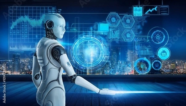 Fototapeta AI assistant projecting a virtual dashboard with stock market trends and financial insights