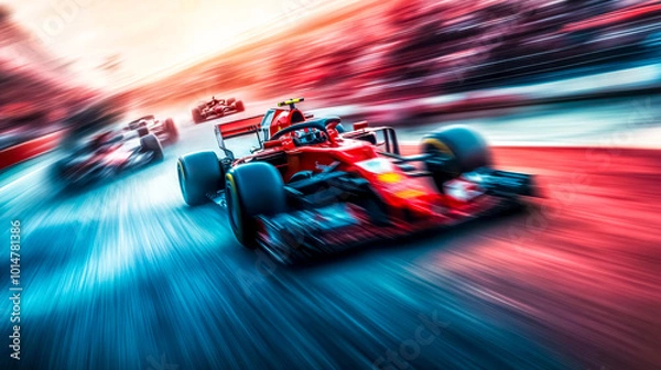 Obraz Formula one cars racing on speed circuit track