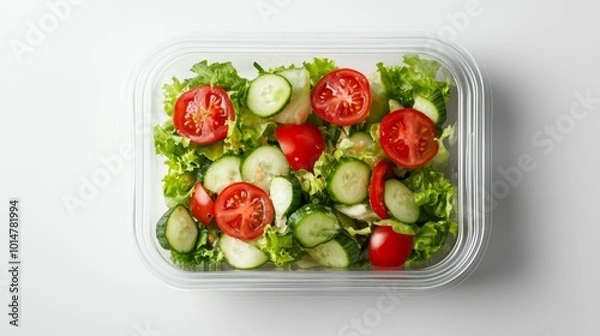 Fototapeta Fresh vegetable salad in a clear plastic container on a white background healthy meal option. Generative AI