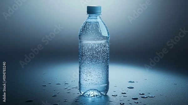 Obraz A plastic bottle of water with water droplets on it and the surface around it.