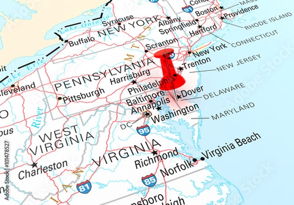 Fototapeta Red Thumbtack Over Delaware, Map is Copyright Free Off a Governm