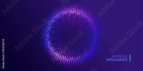 Obraz Technology ai round particles dots banner. Cosmos big data neon background. Artificial Intelligence futuristic glitter circle connect design.