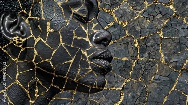 Fototapeta A black and gold abstract mosaic of the silhouette of an African woman, with golden cracks in her skin and a beautiful face, reaching for something she can't get to