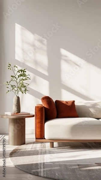 Fototapeta This serene living room features colorful Nordic design furniture, allowing natural light to create playful shadows on the walls while a vase of greenery adds a touch of freshness to the decor.