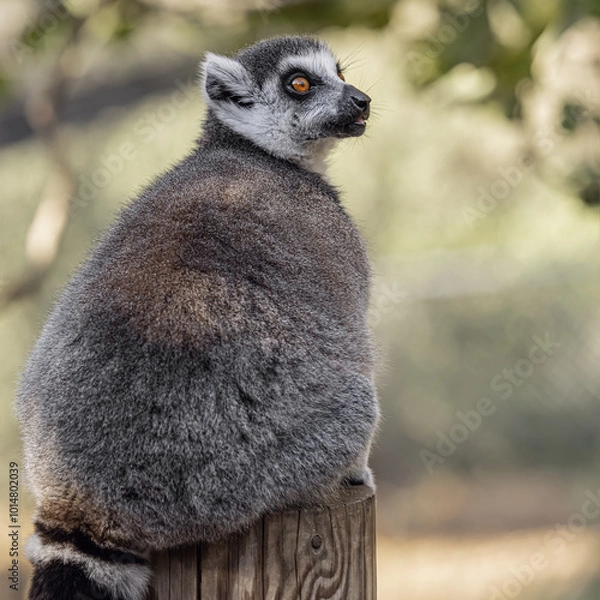 Fototapeta Fluffy Lemur catta sits on a stump and looks away