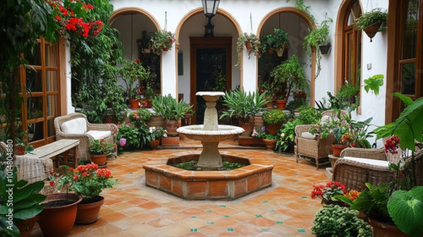 Fototapeta Tranquil Courtyard Oasis: Embracing Nature and Serenity in a Lush Garden Retreat with a Charming Fountain and Vibrant Floral Accents