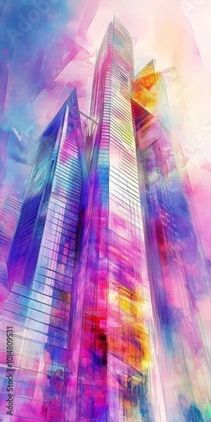 Fototapeta Futuristic skyscraper depicted in a watercolor painting, blending neon colors and soft, abstract shapes.