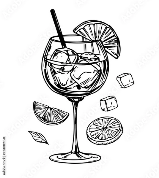 Obraz Aperol Spritz cocktail, glass with alcoholic drink, sketch, hand drawn illustration vector