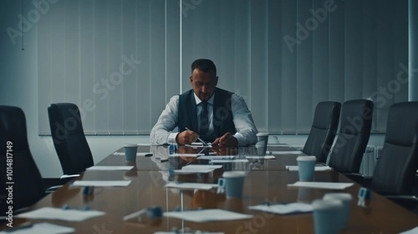 Fototapeta Man sitting alone at large empty conference table with sad expression, symbolizing corporate breakup amidst scattered documents and half-empty coffee cup.