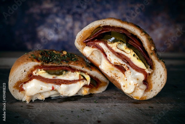 Fototapeta Warm melting pizza roll, hot pocket, or pepperoni roll. Melting cheese and meat with spicy peppers wrapped in crispy seasoned bread. 