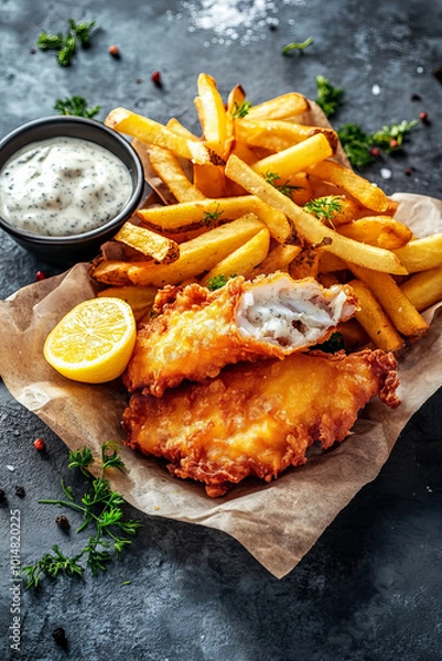 Fototapeta Crispy Fish and Chips with Lemon Wedge and Tartar Sauce – Classic British Pub Food Perfect for Restaurants, Menus, and Marketing Campaigns Featuring Fresh Seafood