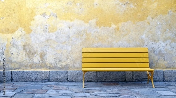 Fototapeta Minimalistic scene with a yellow bench against a wall and stone floor