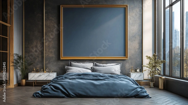 Obraz A large, blank picture frame hangs on the wall of an elegant bedroom with dark blue and gray tones, gold accents, marble nightstands, potted plants, a view outside through floor-to-ceiling windows.