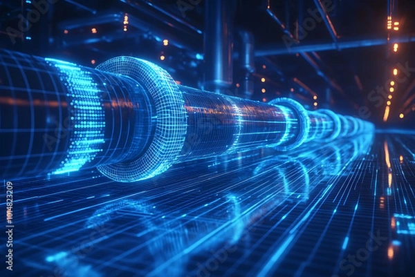 Fototapeta A glowing blue wireframe hologram of an oil pipeline with a valve, showcasing advanced digital technology and futuristic fuel industry design concepts.
