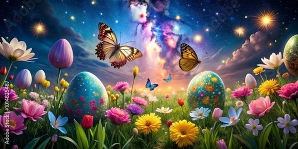 Fototapeta Colorful Easter Eggs and Flower Arrangement with Butterflies in Night Photography