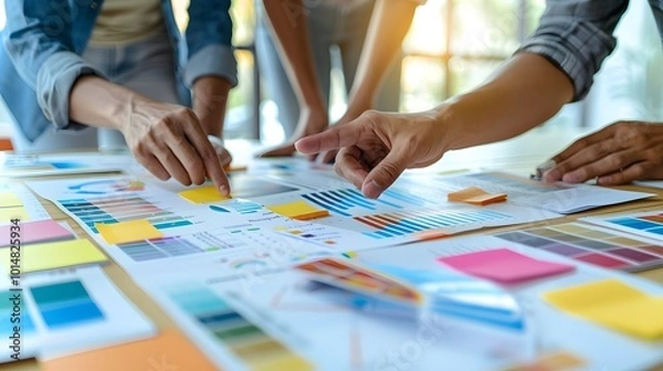 Fototapeta Collaborative Business Discussion with Charts, Sticky Notes, and Documents