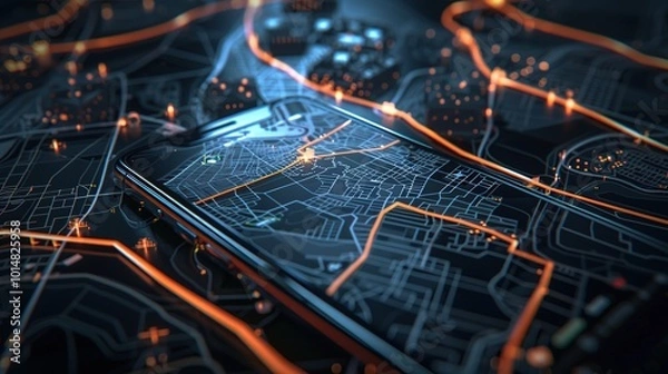 Fototapeta Aerial view of smartphone with map displaying highlighted route for location sharing, showcasing modern navigation and digital connectivity in urban environment.