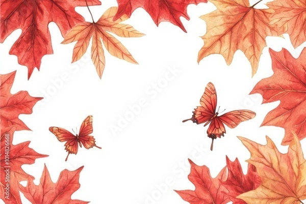 Fototapeta Vibrant autumn leaves and butterflies create a beautiful frame against a white background, perfect for seasonal themes or nature-inspired projects.
