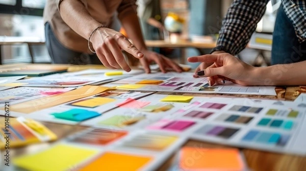 Fototapeta Creative Design Collaboration -  Office Desk Workspace with Swatches and Sticky Notes