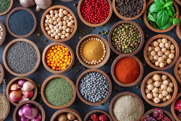 Fototapeta A vibrant collection of spices and herbs arranged in wooden bowls showcases various colors and textures, creating an inviting atmosphere for culinary creativity