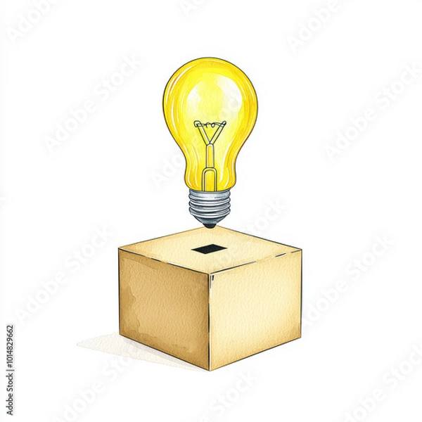 Obraz A lightbulb hovering above a cardboard box, symbolizing the idea of innovation and creativity. Ideal for topics related to ideas and brainstorming.