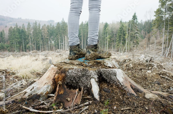 Obraz Muddy female boots standing on a stump in winter forest
