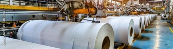 Fototapeta Paper mill with giant rolls of paper being processed, Paper Production, mass production of paper products