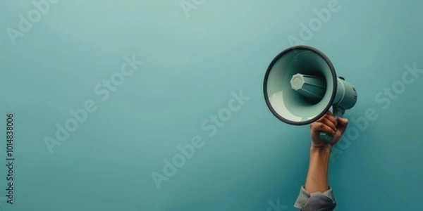 Fototapeta A person holds a megaphone against a blue background, ready to make a statement