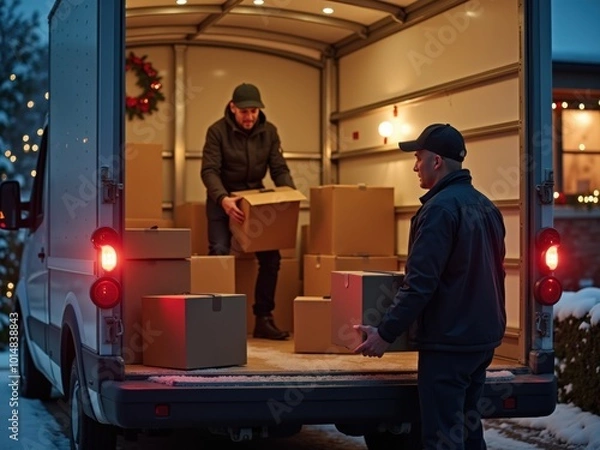 Obraz Delivery Crew Loading Boxes in Winter Evening