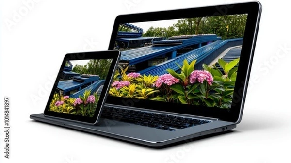 Fototapeta Responsive website layout adjusting seamlessly between desktop, tablet, and mobile views, [cross-platform interface], [web design].