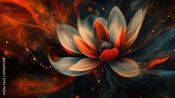 Fototapeta A stunning abstract flower bloom, with radiant petals and swirling trails of shimmering jewels in the background, evoking beauty and elegance