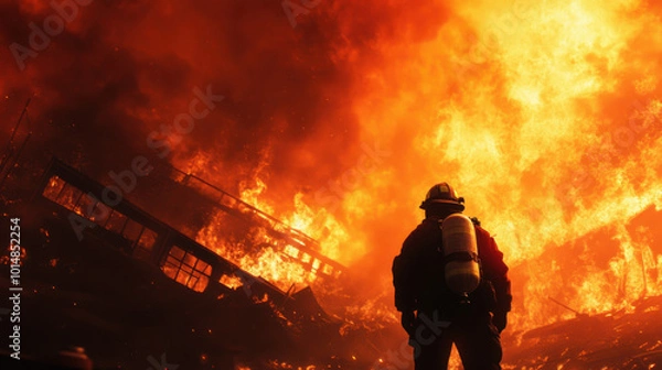 Fototapeta A firefighter silhouette stands against blazing building, surrounded by intense flames and smoke, showcasing bravery and determination in face of danger