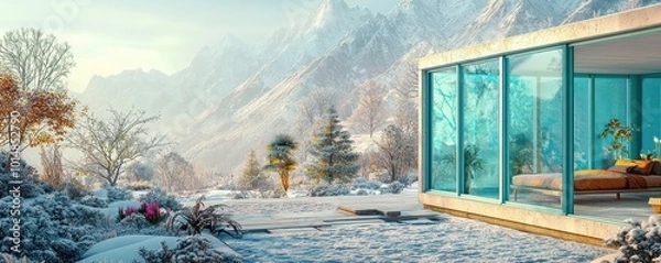Fototapeta High-resolution garden room with soft aqua blue windows, blending with a snowy mountain backdrop Modern, open space design