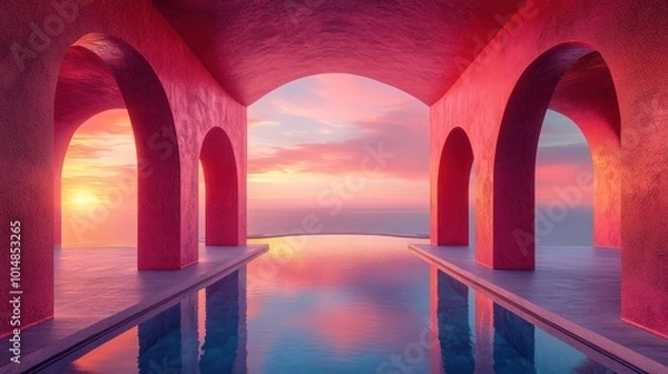 Fototapeta A pink archway structure with a pool in front, with a sunset view beyond.