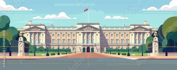 Fototapeta Buckingham Palace in London, England, flat design, front view, royal history theme, animation, Split-complementary color scheme