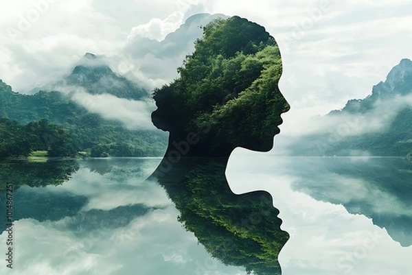 Fototapeta Combination of a silhouette of a face of child and a landscape with trees, grass, sky and water.