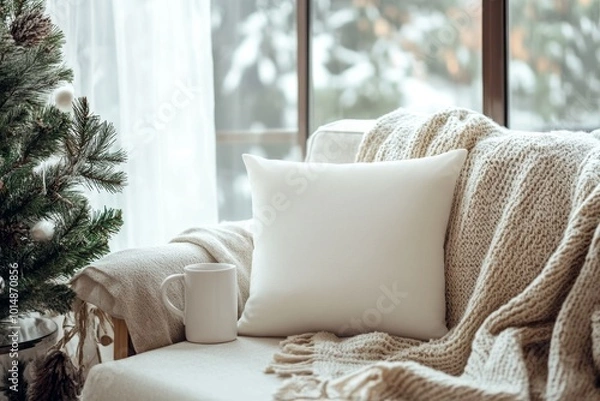 Fototapeta Empty white soft pillow on the sofa. ai generated