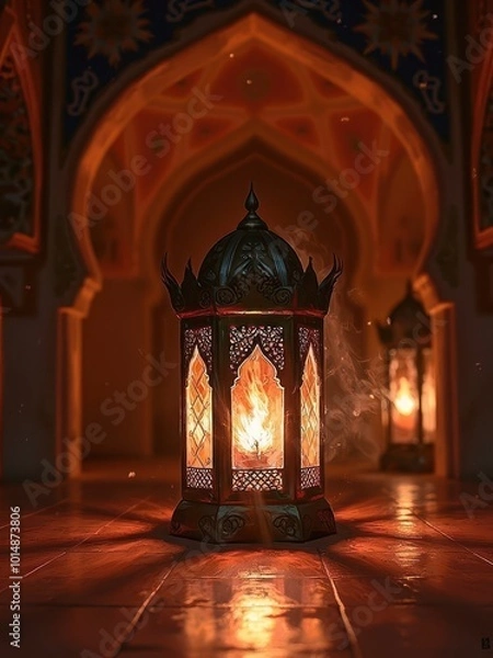 Fototapeta A decorative lantern emits warm light in an ornate architectural setting.