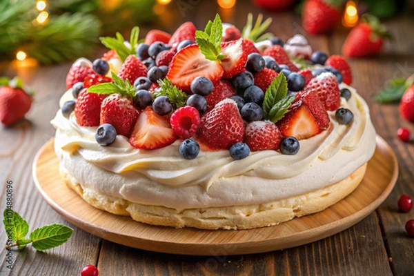 Obraz Fresh berry pavlova topped with strawberries, blueberries, and raspberries