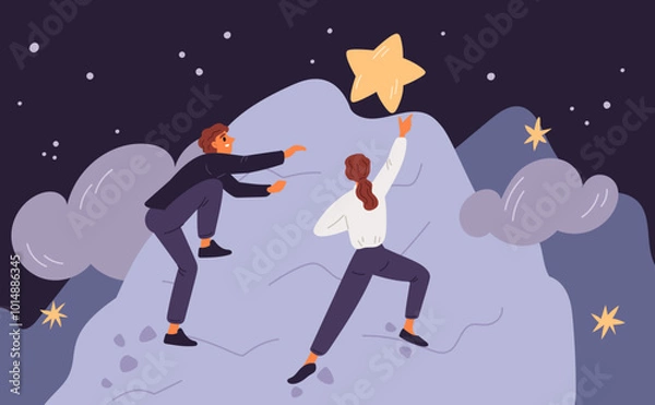 Fototapeta Man and woman conquer mountain top. Overcoming obstacles. Business rivalry. Race for trophy. Motivation and ambition. Colleagues climbing rock peak. Challenge goal. Garish vector concept