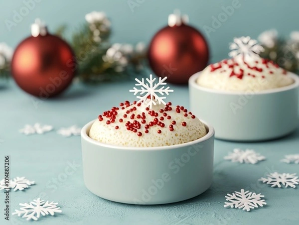 Fototapeta Festive dessert cups topped with snowflakes and red sprinkles on a blue background.