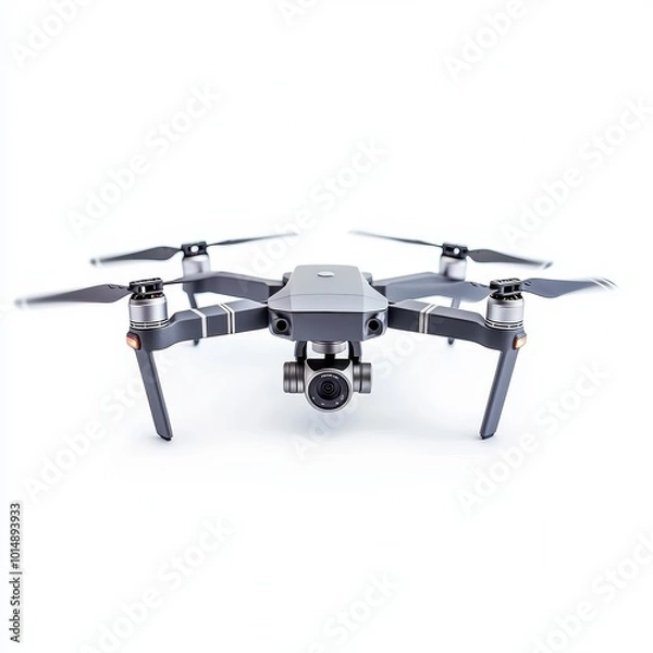 Fototapeta A drone, electronic gadget, quadcopter design with camera attached, isolated on white background