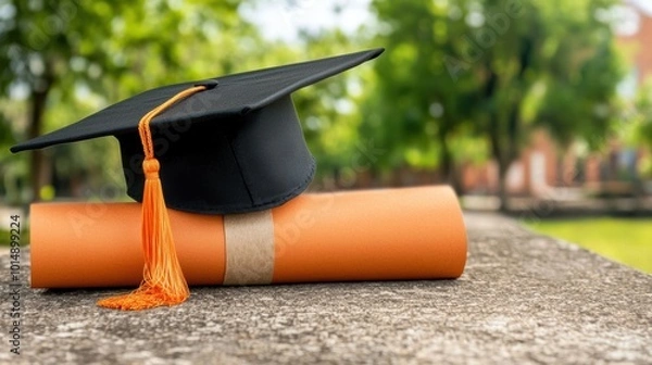 Obraz Graduation Cap and Diploma on Outdoor Stone Surface